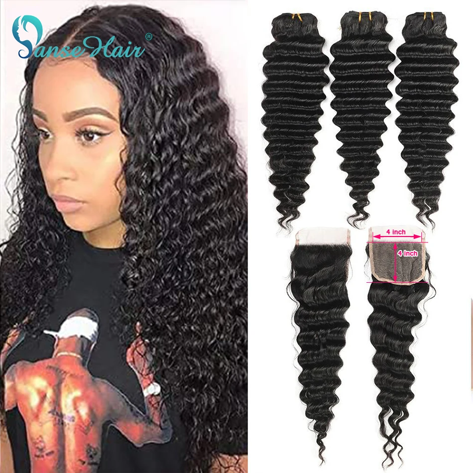 

Peruvian Virgin Hair Deep Wave with closure Human Hair 8-30 inch 100% Unprocessed Human Hair Extension Weave Deep Wave