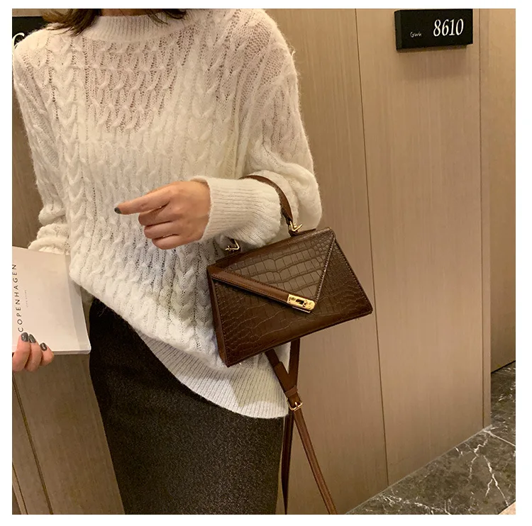 Women Small Top Handle Bag Luxury Brand Trapezoid Shaped Handbag for Women Girls Crocodile Print PU Leather Cross body Bag Beige (4)