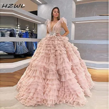 

Gorgeous Deep V Neck Prom Dresses Tiered Skirts Girls Pageant Dress Sash Beads Crystals vestido de festa Evening Dress