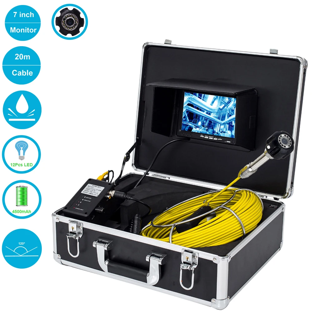 

7" 20m 1000TVL 23mm Lens Waterproof Industrial Endoscope Drain Pipe Sewer Inspection Video Camera System With 12Pcs LED Lights