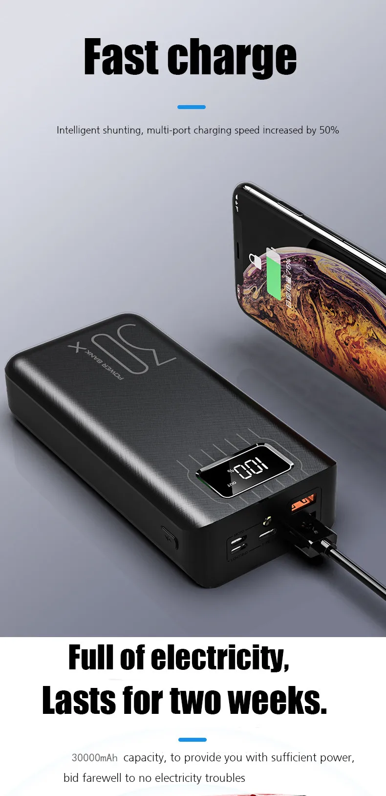 Внешний аккумулятор 30000 мАч 2 USB светодиодный внешний аккумулятор зарядное устройство для телефона повербанк быстрая Портативная зарядка внешний аккумулятор зарядное устройство для xiaomi