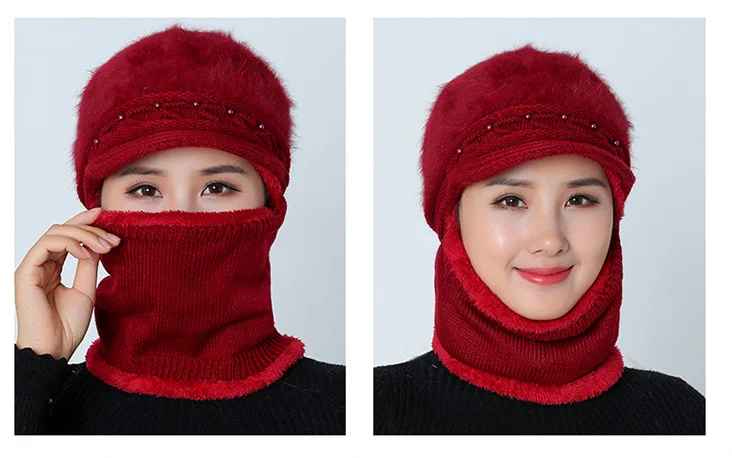 Женская шапка Skullies Beanies, зимняя шапка с жемчугом и кроличьим мехом, вязаная шапка, шарф, женские шапки для женщин, шерстяная шапочка, шапка, маска, шапка