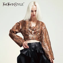 TWOTWINSTYLE женские пальто из искусственной кожи с принтом, v-образный вырез, длинный рукав, на пуговицах, уличная одежда, Женское пальто, осень, большой размер, модная новинка