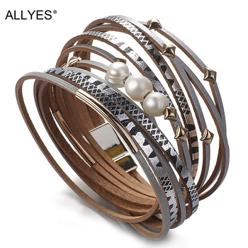 

ALLYES Natural Pearl Beads Leather Bracelets for Women Multilayer Boho Star Charm Wide Wrap Bracelet Fashion Jewelry