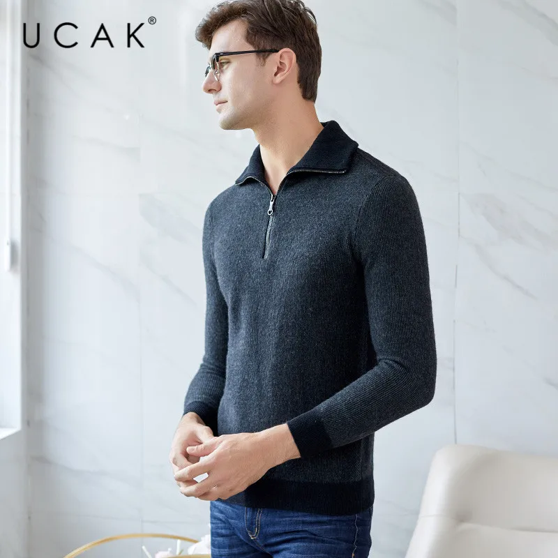 Best Price UCAk Brand Sweater Men 2019 New Arrival Casual Zipper Turtleneck Streetwear Pure Merino Wool Warm Thick Sweaters Pullover U3127