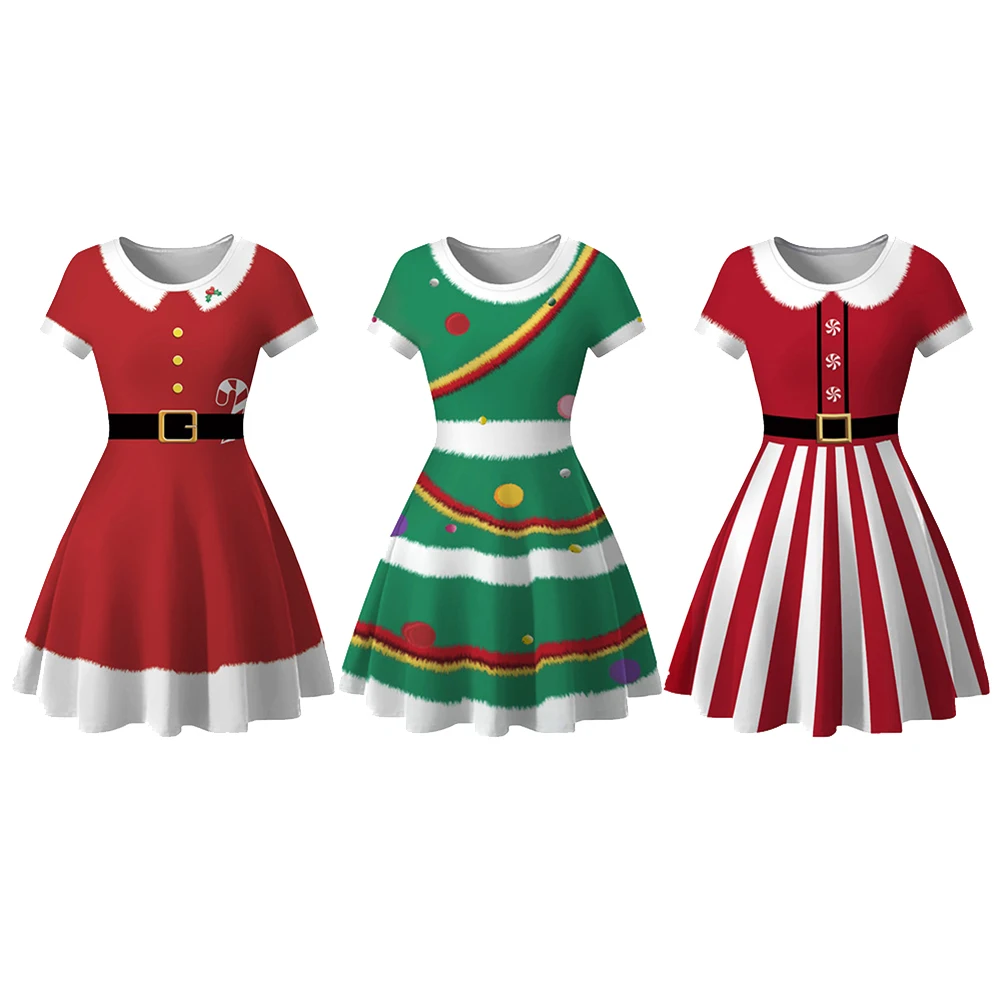 Christmas Dress Women Dresses Xmas Dress Round Neck Short Sleeve A-Line Dress Midi Dress Slim Fits Dresses for Women Party Dress