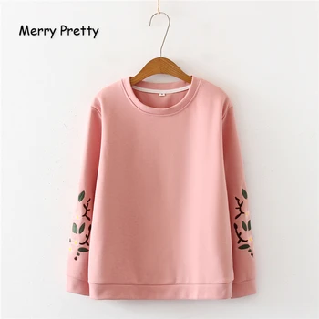 

Merry Pretty Cotton Women Floral Embroidery Hoodies Sweatshirts 2019 Winter Long Sleeve O-Neck Pullovers Sweet Style Tracksuits