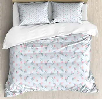 

Blue and Pink Duvet Cover Set Vintage Romance with Roses Pattern 3 Piece Bedding Set Baby Blue Pale Rose Pale Slate Blue