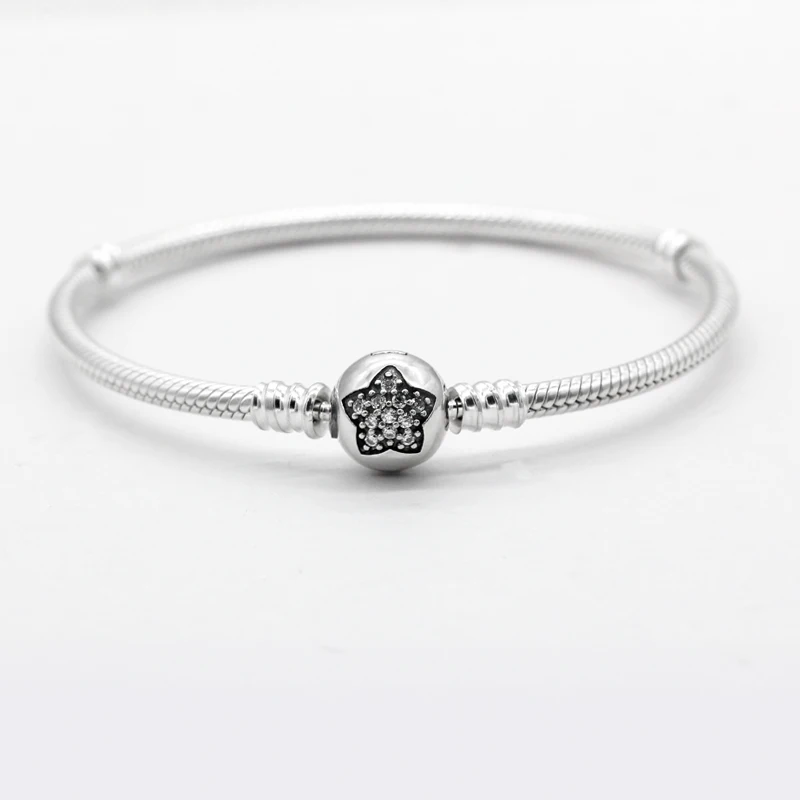 

925 Sterling Silver Moments Sparkling Star Clasp Snake Bracelet with CZ fit Original Charm DIY Silver 925 Jewelry
