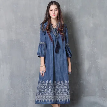 

Plus Size Denim Dress Women's Fashion Retro Loose Embroidered Lantern Sleeve V Neck Dress