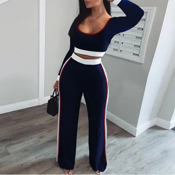 

CN975 Ladies Suit Street Casual Solid Color Splicing Long-Sleeved Top Trousers Two-Piece Fashion Slim Outdoor Suit Women