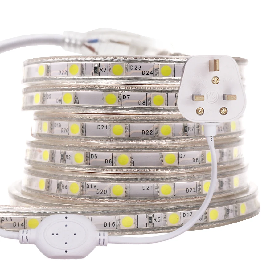 XUNATA 220V SMD5050 60 Светодиодный s/m Светодиодные ленты Водонепроницаемый гибкий светодиодный ленточный светильник полоса веревка высокое яркий светодиодный лента с штепсельная вилка британского стандарта