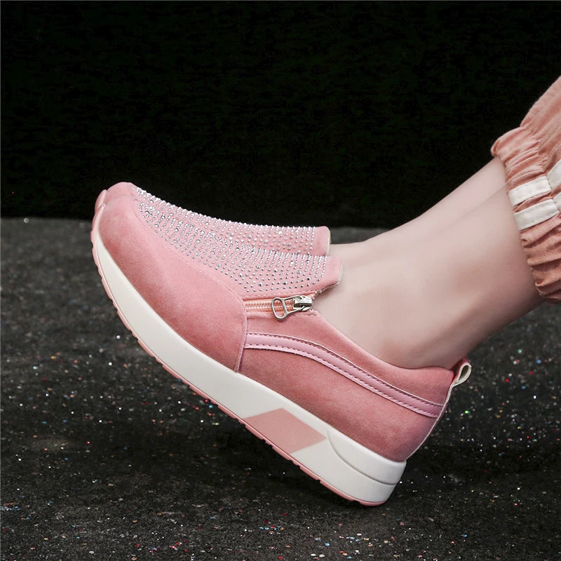 Женская обувь на высоком каблуке; обувь на платформе; короткие кроссовки из флока с толстой окантовкой; Повседневная обувь; большие размеры; Хлопковая женская обувь розового цвета со стразами и блестками