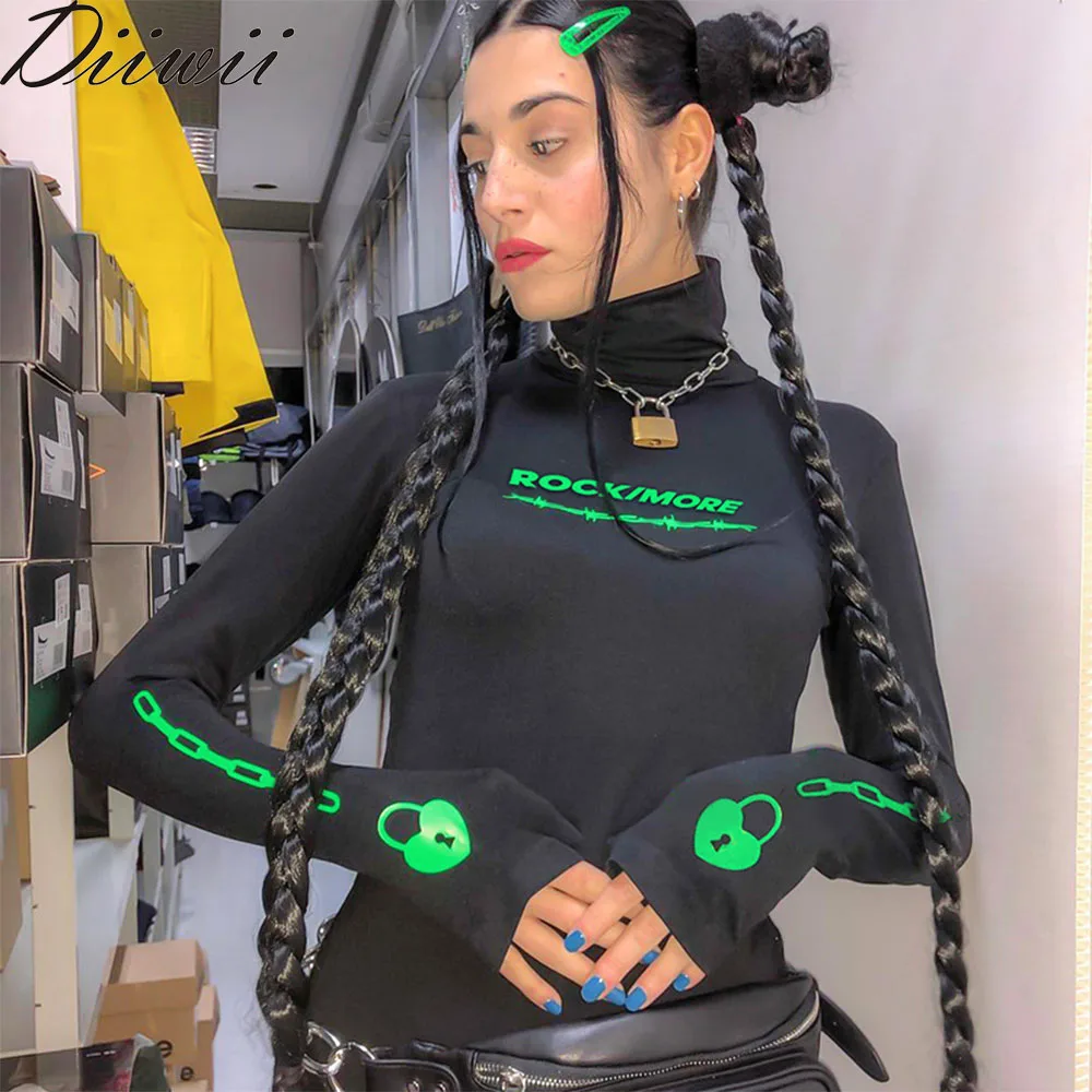 

DiiWii Hot Style Girls Top Street Fashion Alphabet Print Slim Long Sleeve Finger Cover