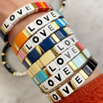 

Bohemian Letter LOVE Handmade Charm Bracelets Friendship Braided Stackable Enamel Rainbow Tile Bracelet For Women Fashion Gift