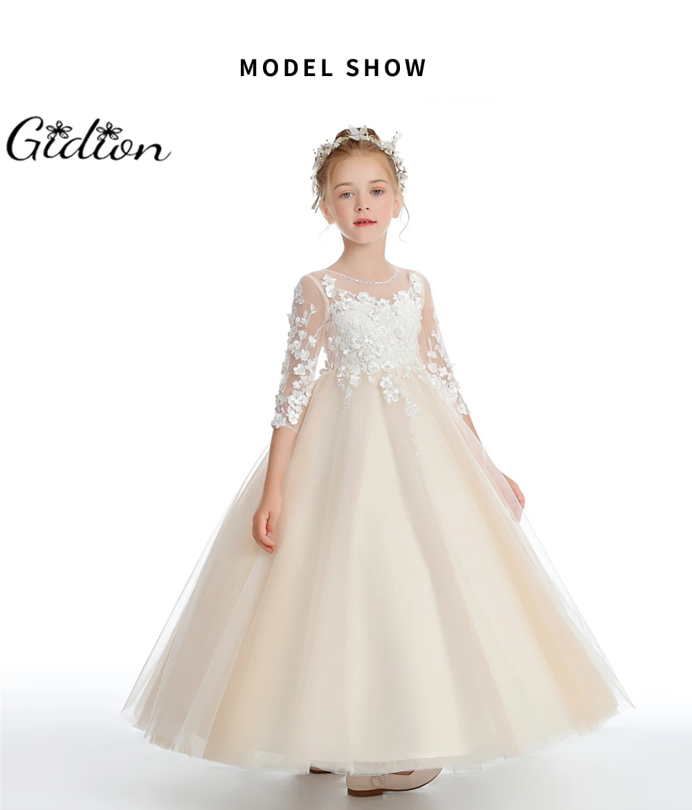 Puffy Tulle Appliques Baby Ball Gown Flower Girl Dresses Long Sleeve Princess Dress Wedding Party Dress First Communion