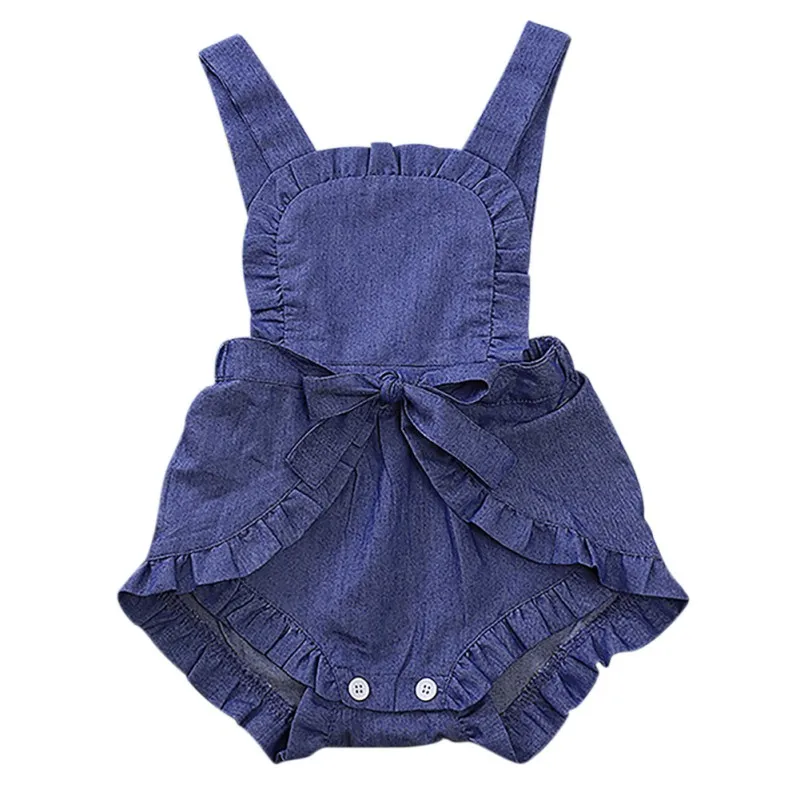 

2019 New Fashion Fashion Ruffles Baby Girl Romper Lace Bow-knot Denim Culottes Jumpsuit Summer Sleeveless Clothes Outfits