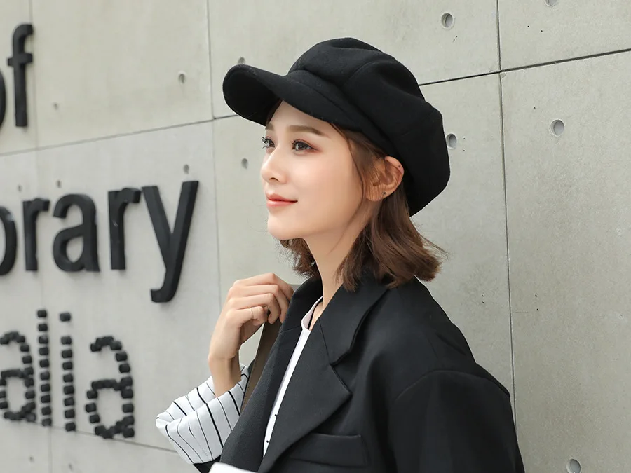 Wool Women Beret Autumn Winter Octagonal Cap Hats Stylish Artist Painter Newsboy Caps Black Grey Beret Hats