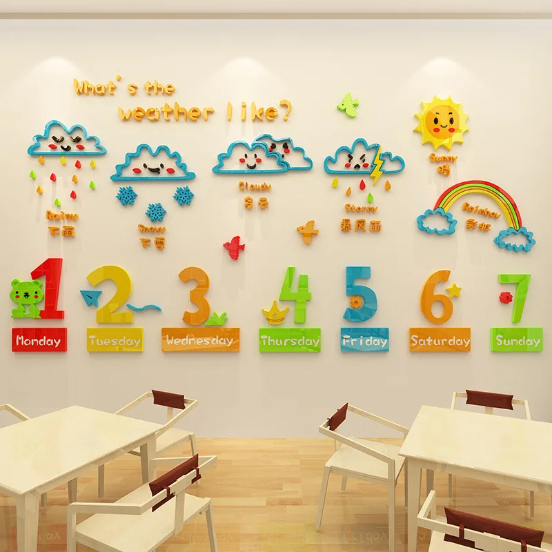 

Cartoon with Numbers 3D Wall Stickers Creative Kindergarten Decoration English Weather Early Education Children Remedial Classes