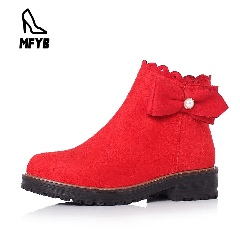 

MFYB Women's boots 2019 winter new style comfortable low heel square with women's shoes sweet bow 34-43 large size low boots