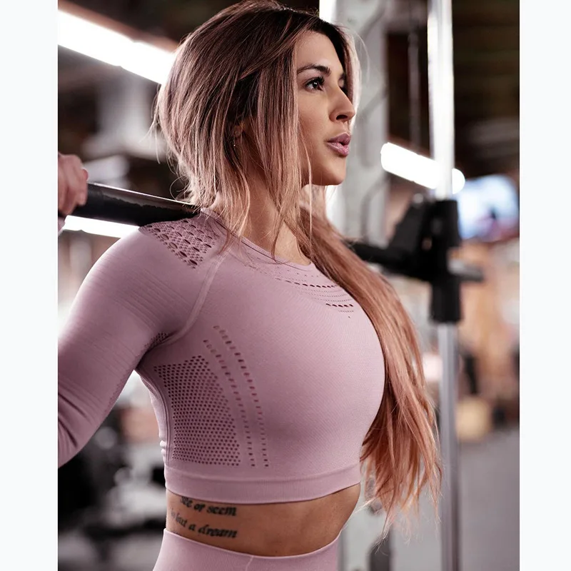 

Woman Long Sleeve Crop Top Seamless Gym Shirt Hollow-out Mesh Sport Top Workout Tops For Women Fitness T-shirt