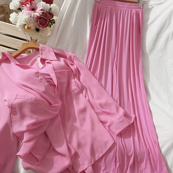 

2020 New Solid color Spring autumn casual fashion ladies three-piece sets suspenders+Long-sleeved shirt+ pants suits TZ318