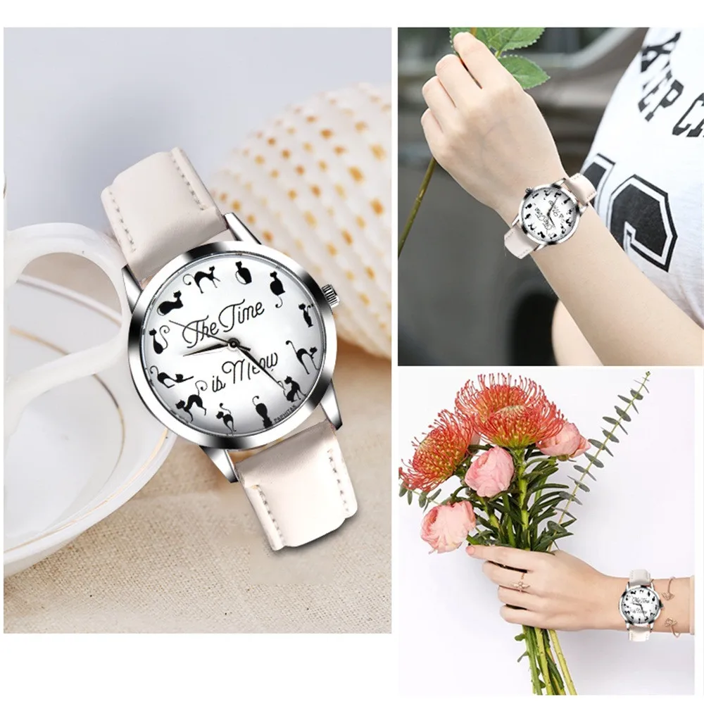 Женские часы с принтом кота, подарок, модные женские часы, кварцевые кожаный ремешок для девочек, часы Reloj Mujer Bayan Kol Saati# W
