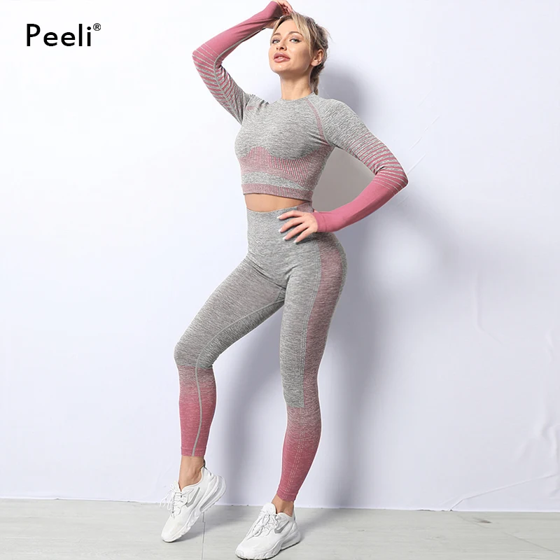 Спортивный комплект Peeli с длинным рукавом укороченный топ бесшовные леггинсы для