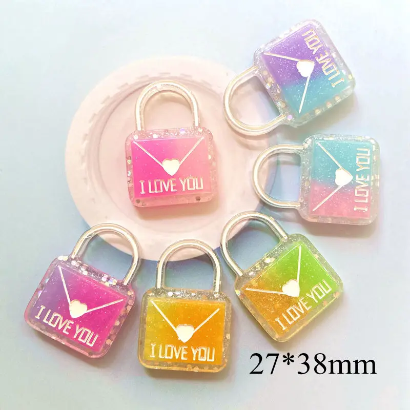 

12Pcs/lot Glitter Sequin Colorful I LOVE YOU Lover Letter Heart Key Lock Resin Charm Planar Cabochon for DIY Craft Jewelry Make