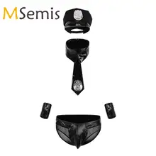 Мужское нижнее белье, трусики из лакированной кожи, униформа полицейского, костюм для секса, Короткие манжеты с крышкой, галстуком и воротником, сексуальное нижнее белье