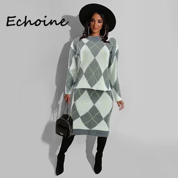 

Fahion Women Winter Sweater Suit Print Lozenge Long Sleeve Pullover Sweater Top+ Skirt 2 Piece Set Women Clothes