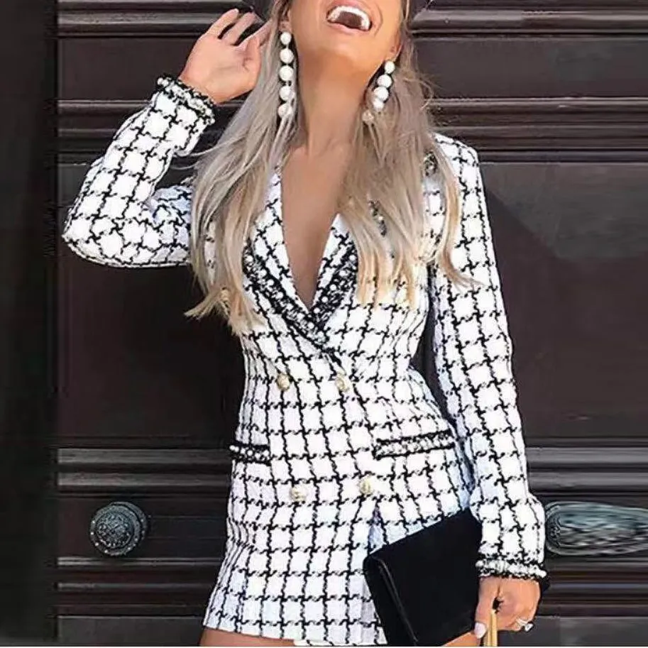 

Women Elegant Plaid Blazer Dress Office Lady Wrap Bodycon Casual Dresses Streetwear Long Sleeve Dress Robe