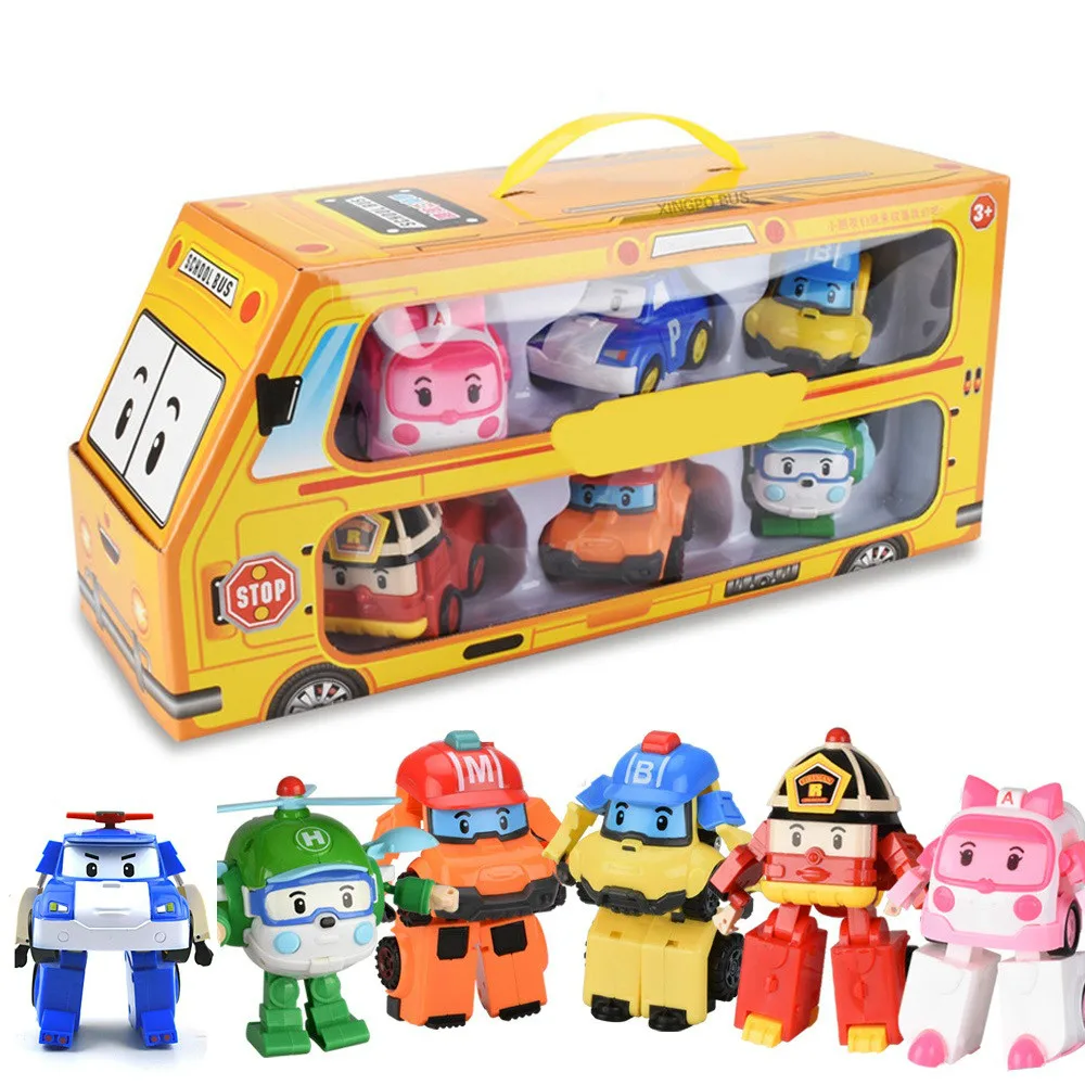  Set of 6 Pcs Poli Car Kids Robot Toy Transform Vehicle Cartoon Anime Action Figure Toys for Childre