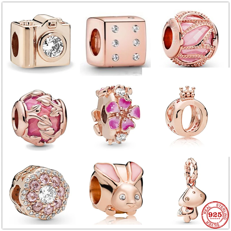 NEW Rose Gold Sparkling Rabbit Mushroom Dice 925 Sterling Silver Beads Charm Fit Original Pandora Bracelet DIY Jewelry For Women | Украшения