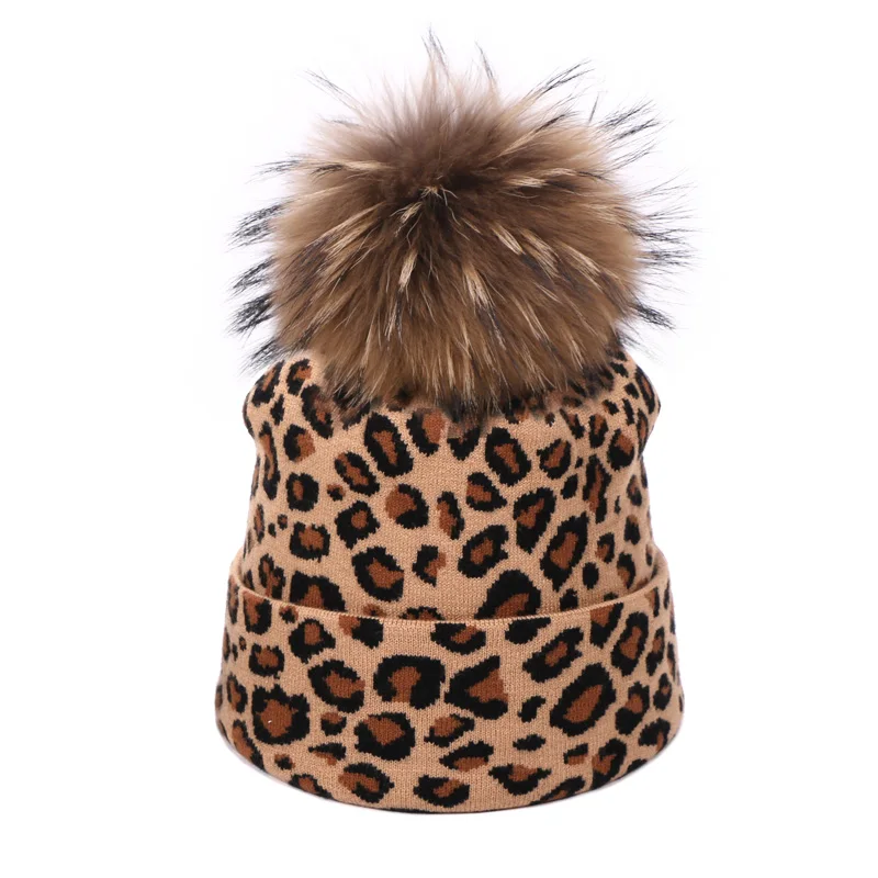 J Leopard Printed Beanie Hats Scarf Set With Real Fox Pompon For Women Winter Warm Thick Knitted Caps Fashion Lady Beanies 2 Piece - Color: J