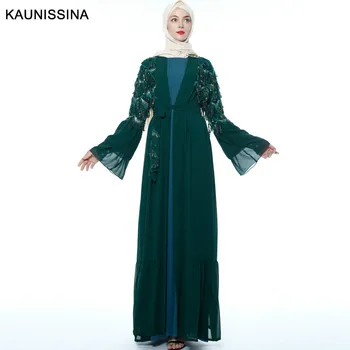 

KAUNISSINA Long Muslim Kimono Robe oFormal Gowns Chiffon Appliques Long Sleeve Saudi Arabia Evening Dresses Elegant Party Dress