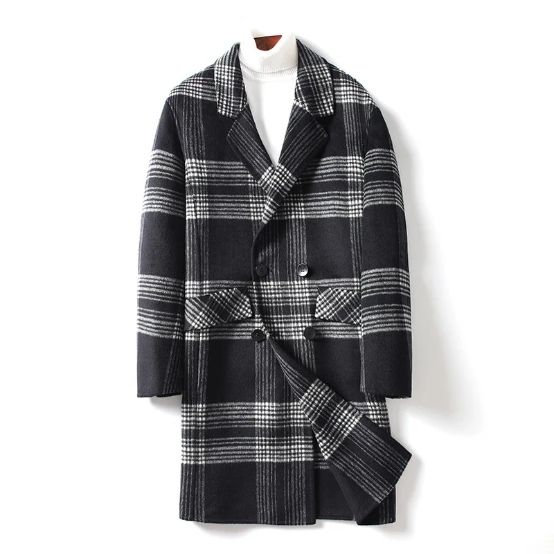 

PAULKONTE Autumn Winter Plaid Double Breasted Men'S Coat Casual Wild Gentleman Black Gray Intersect Men'S Long Coat Jacket