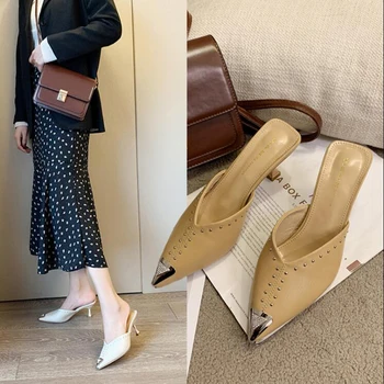 

Slippers Sandals Slides Rivets High-heeled Slippers Outdoor Woman Shoes Woman 2020 Summer New Fashion Pointed Thin Heel D191