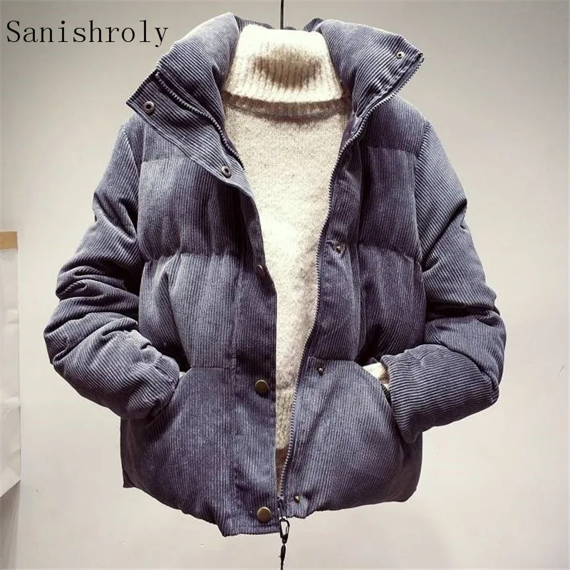 amazing  Sanishroly Autumn Winter Women Down Cotton Coat Parka Warm Thicken Corduroy Jacket Female Long Slee