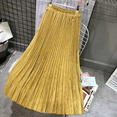 jiang yellow Новинка, женские зимние юбки, замшевые женские винтажные плиссированные юбки с высокой талией, повседневные женские длинные юбки-пачки, армейский зеленый - Цвет: jiang yellow