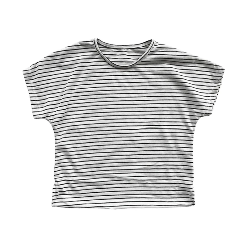 Новая летняя детская свободная полосатая футболка с короткими рукавами для маленьких мальчиков и девочек, рубашка с круглым вырезом Корейская рубашка