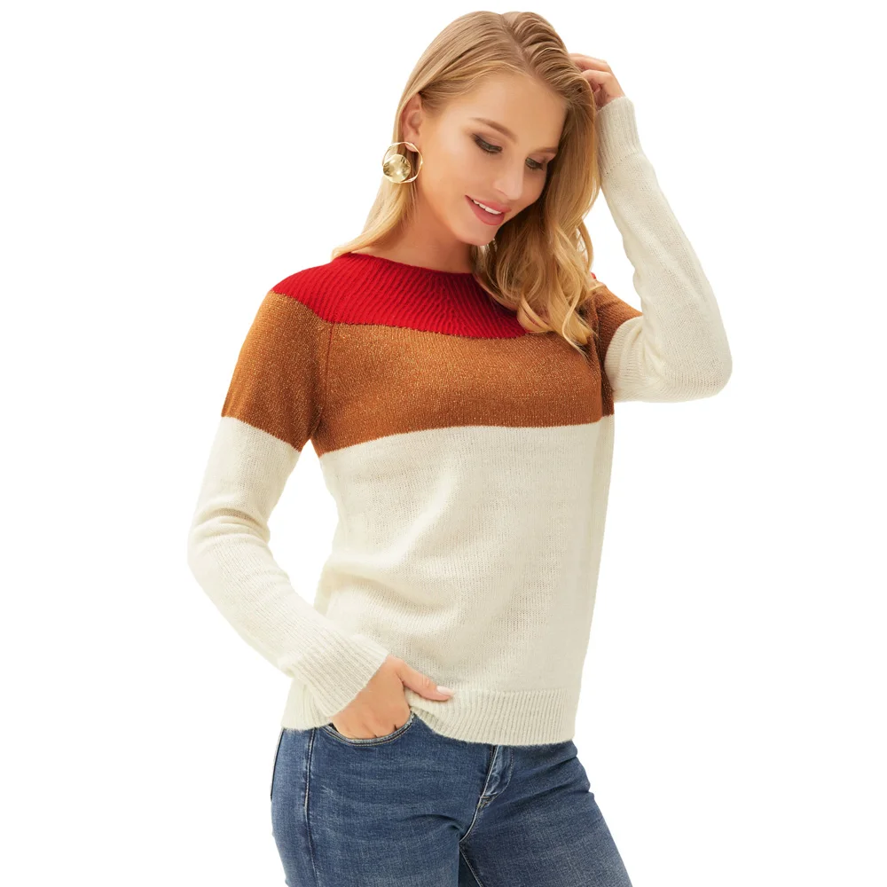 

GK sweater Women Color Block Pullover Knitwear Knitted Sweater Tops Long Raglan Sleeves soft loose warm winter contrast Jumper