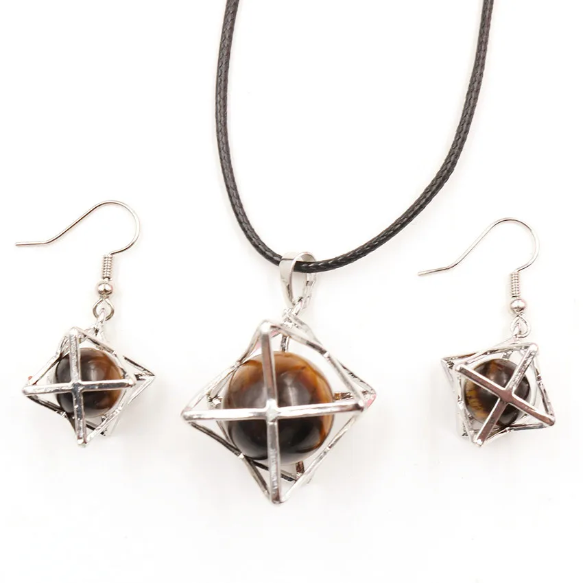 

FYJS Unique Jewelry Sets Silver Plated Merkaba Star Point Natural Tiger Eye Stone Pendant Necklace Drop Earrings