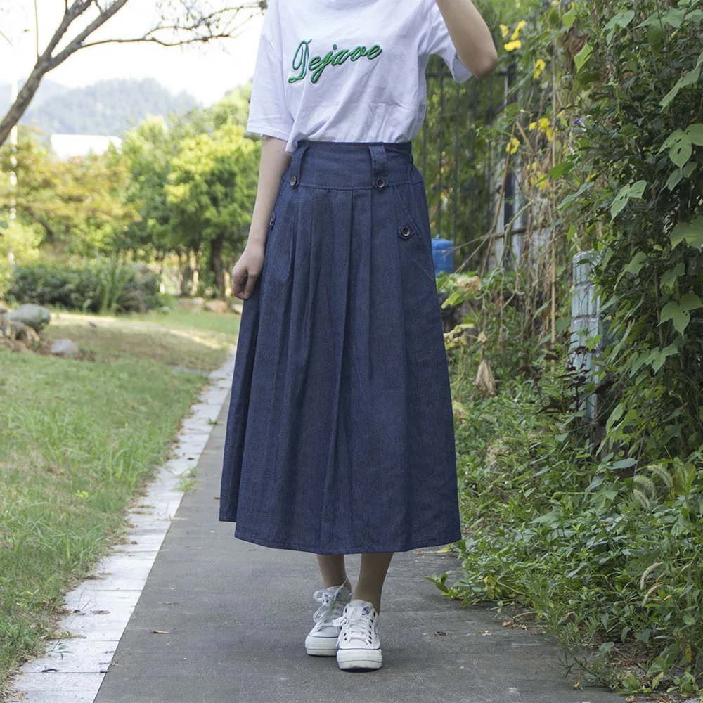 

Washed Denim Skirt Women 2019 Relax Elastic High Waist Button Side Pockets Ruched Cotton Long Skirt Female Retro Blue Clothes