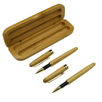 

One Set Nature Bamboo Gel Pens With Case Set Black Blue Ink For Writing Office School Gift Supplies Writing Material