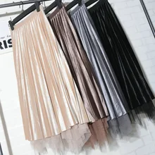 Новые осенние вельветовые длинные женские плиссированные юбки с завышенной талией и асимметричным подолом, сетчатая Лоскутная Макси-юбка до середины икры, Тюлевая юбка трапециевидной формы Faldas