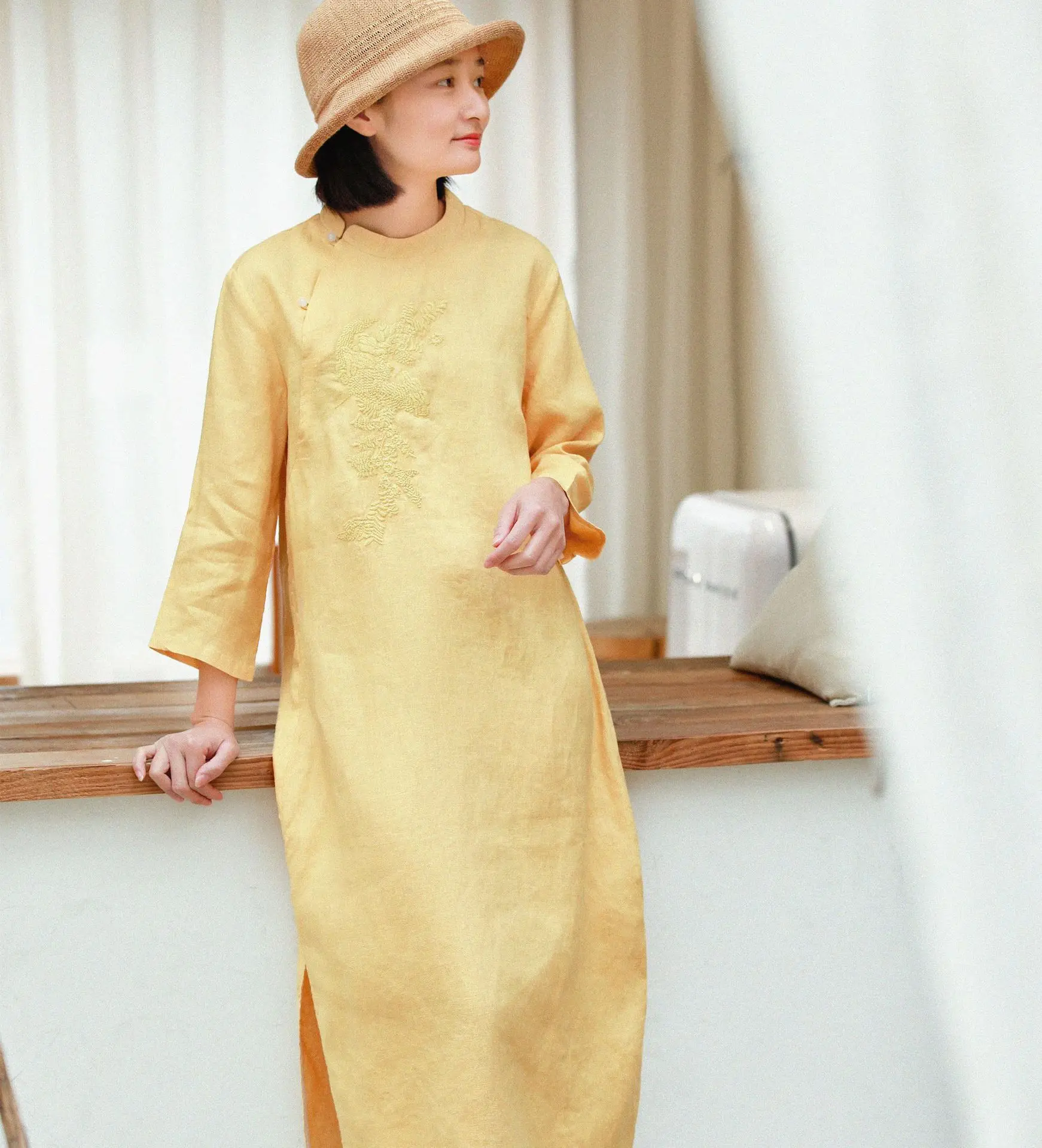 Женское свободное льняное платье-Ципао с воротником-стойкой винтажное