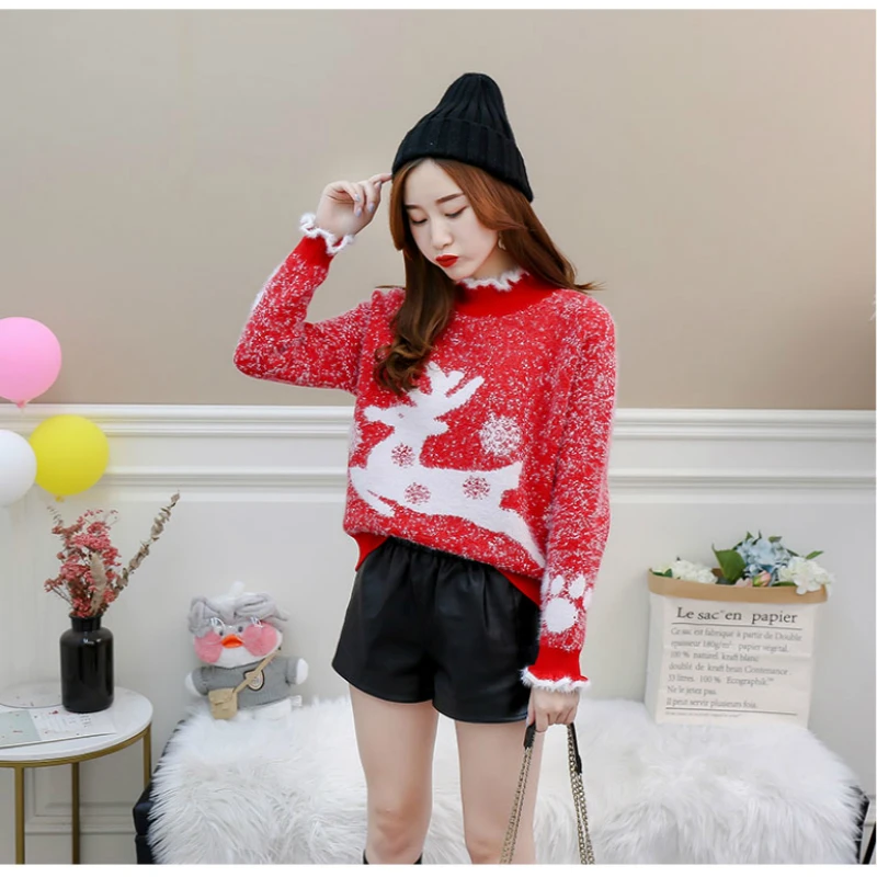 

Elk Print Christmas Sweater Women Pullovers Winter Jumpers Knitwear Plush Collar Velvet Female Knitted Jumper Pull Femme 2019