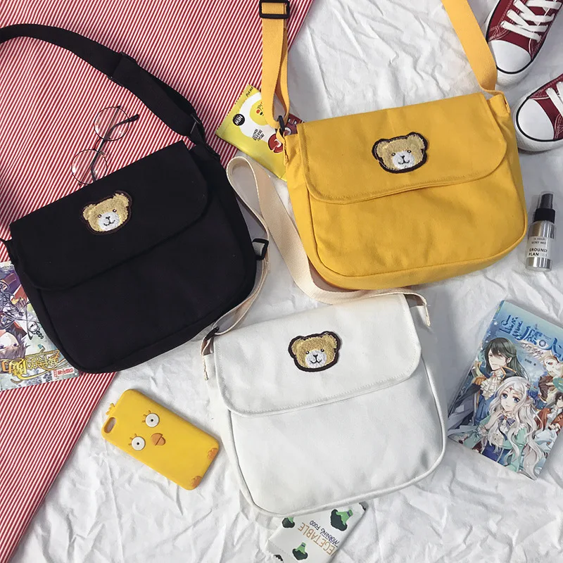 

New Style Korean-style INS Vintage Sense Shoulder Bag GIRL'S Heart Playful bear bao CHIC Students Canvas Shoulder Bag