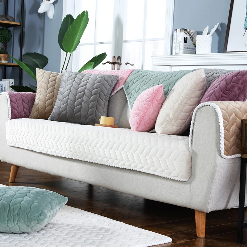 Thick plush edging sofa cover solid color non-slip filling cushion backrest towel furniture protection cover for living room 3
